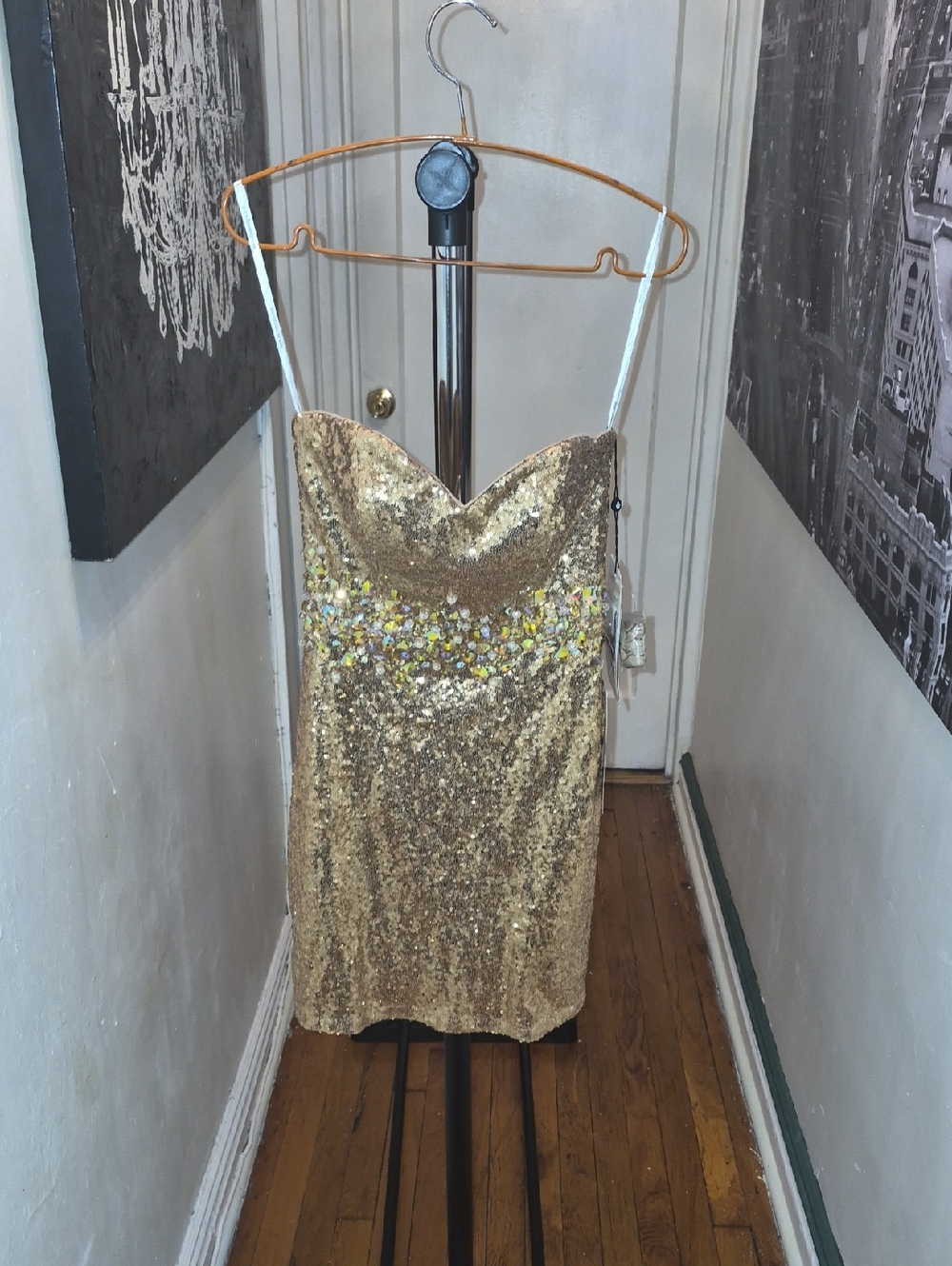 Alyce Paris Gold Sequin Mini Dress with Embellished Waistband